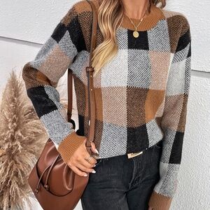 Shein Brown Plaid Knit Sweater